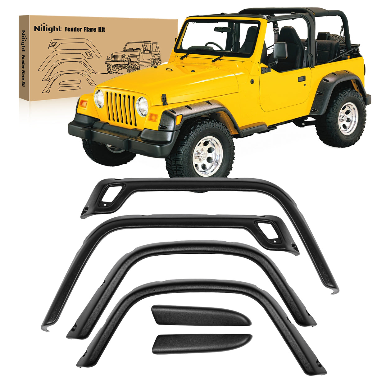Nilight Fender Flares Kit Fit for Jeep Wrangler TJ 1997-2006 1998 1999 2000 2001 2002 2003 2004 2005 Front&Rear 6" Wide Wheel Fender Flares Cover Factory Style Automotive Fender Flare Set, 6Pcs