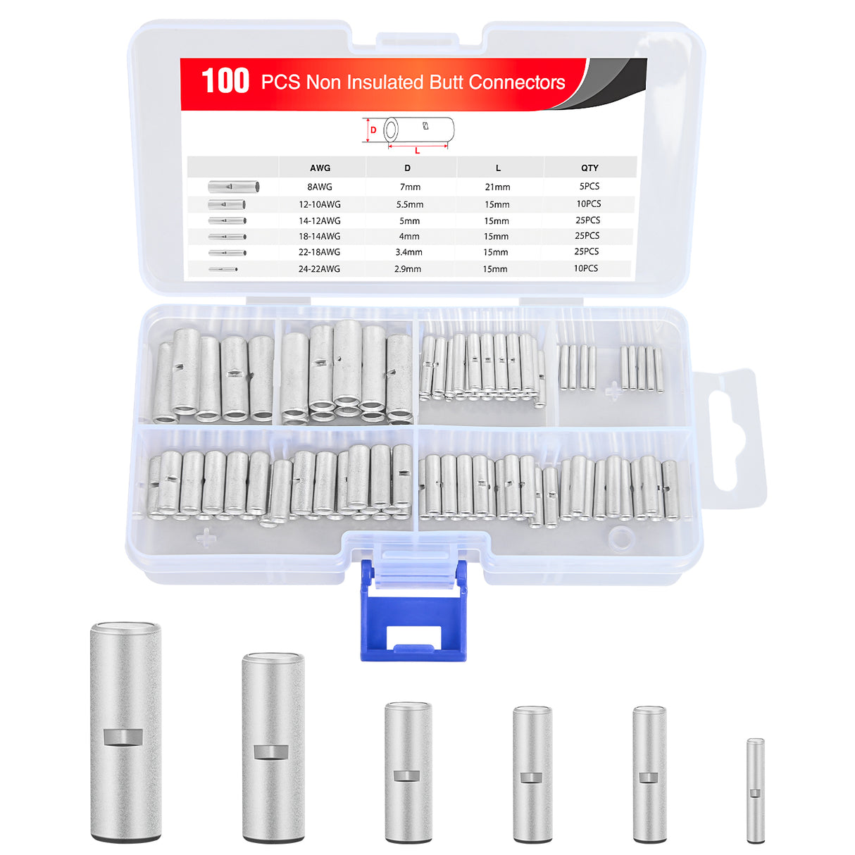 Nilight 100PCS Non Insulated Butt Connectors Kit AWG 24-8 Uninsulated Crimp Butt Connectors Pure Copper Tin Coated Crimp Terminals for Motorcycle Motorbike Car Truck Boats