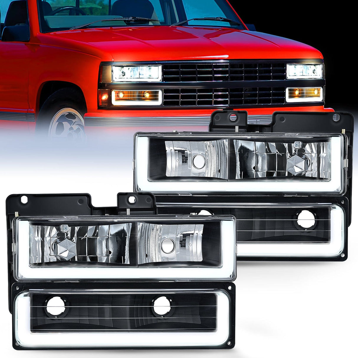 Headlight Assembly 1988 1989 1990 1991 1992 1993 1994 1995 1996 1997 Chevrolet GMC C10 C/K 1988-1999 Silverado Suburban Sierra Blazer Tahoe Yukon DRL Headlight Assembly Black Housing