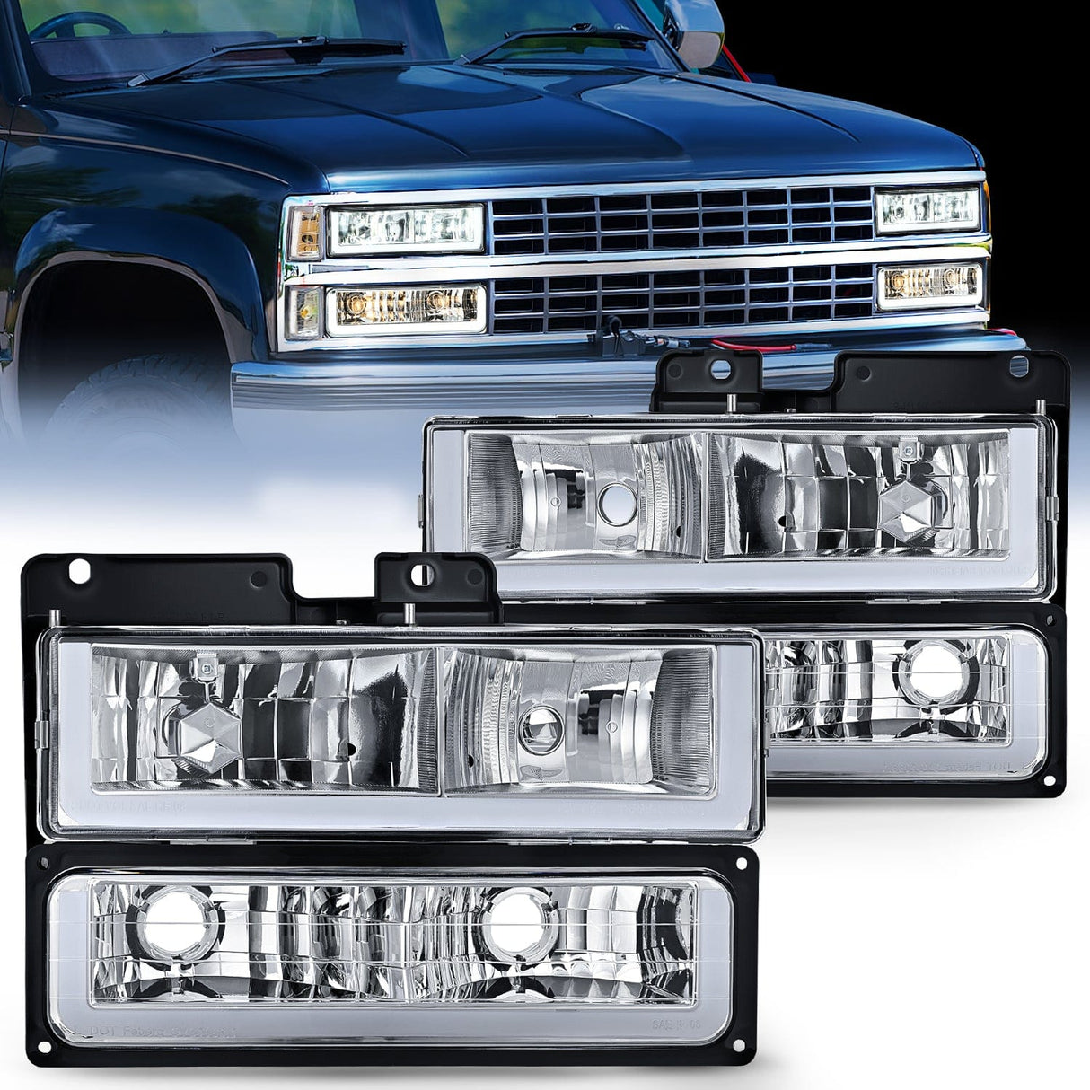 Headlight Assembly 1988 1989 1990 1991 1992 1993 1994 1995 1996 1997 Chevrolet GMC C10 C/K 1988-1999 Silverado Suburban Sierra Blazer Tahoe Yukon DRL Headlight Assembly Chrome Case