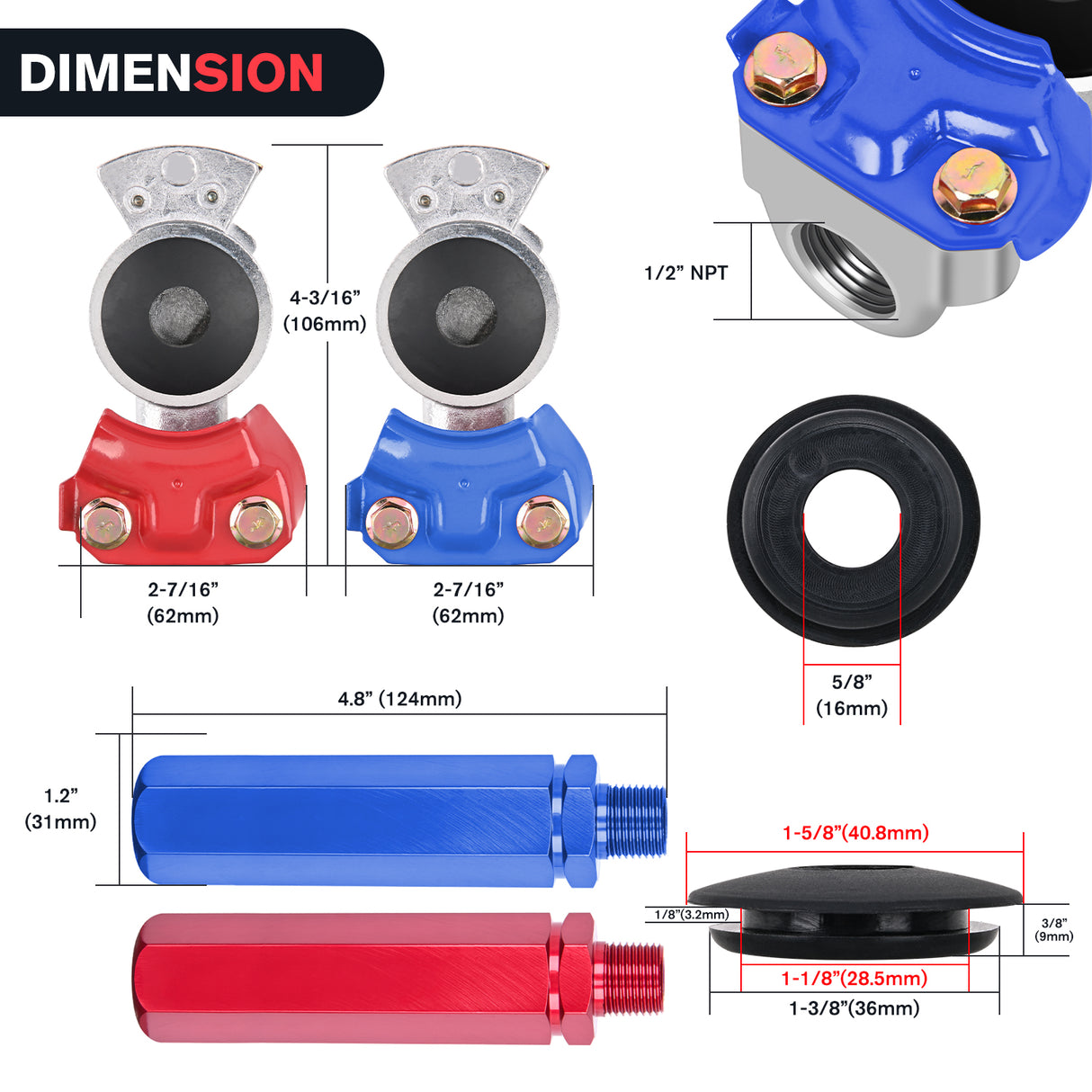 Nilight Glad Hands Grips Set with Seals Heavy Duty Gladhand Extension Handles Kit Emergency & Service Brake Air Hose Coupling Connectors for Semi Truck Trailer Brake System 1 Pair