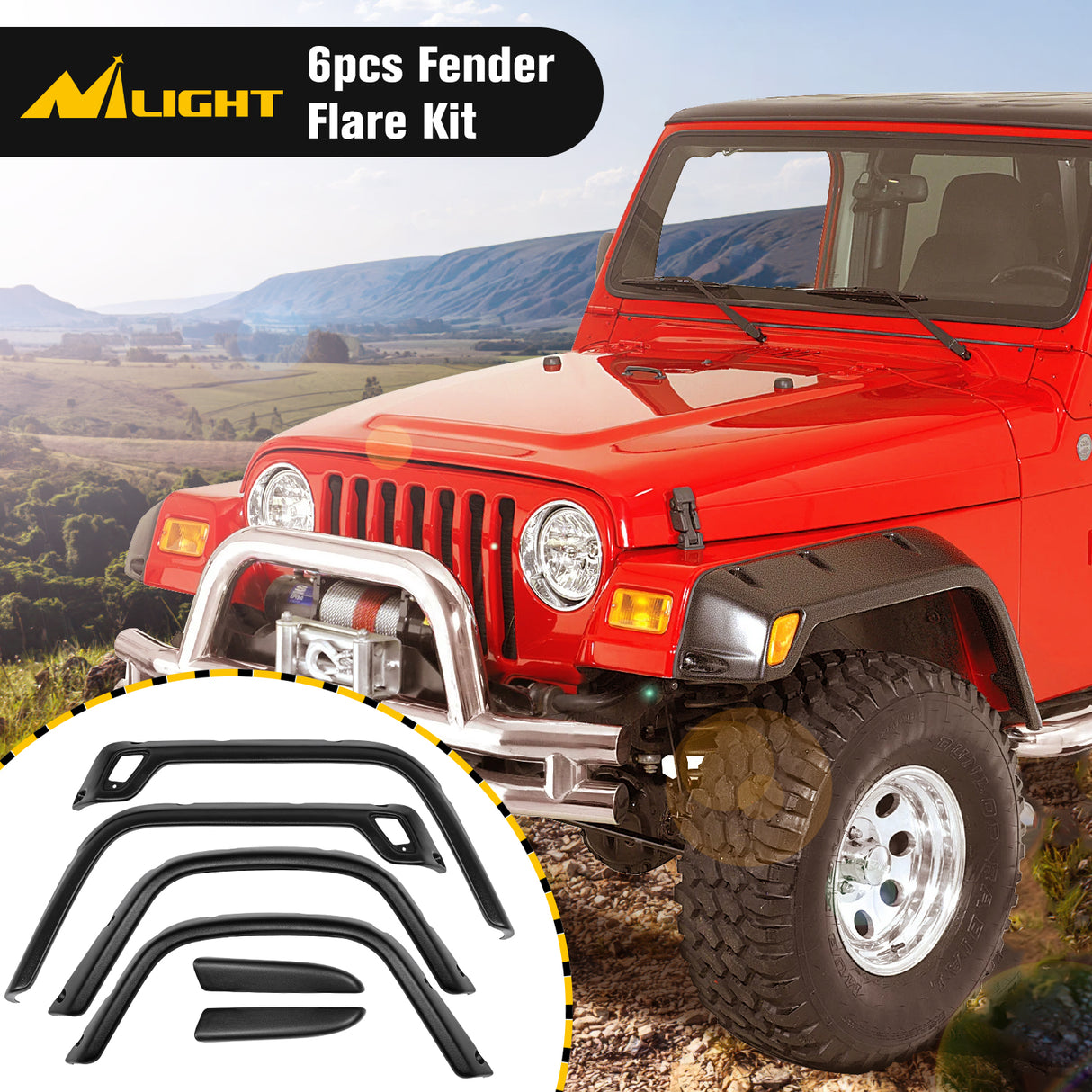 Nilight Fender Flares Kit Fit for Jeep Wrangler TJ 1997-2006 1998 1999 2000 2001 2002 2003 2004 2005 Front&Rear 6" Wide Wheel Fender Flares Cover Factory Style Automotive Fender Flare Set, 6Pcs