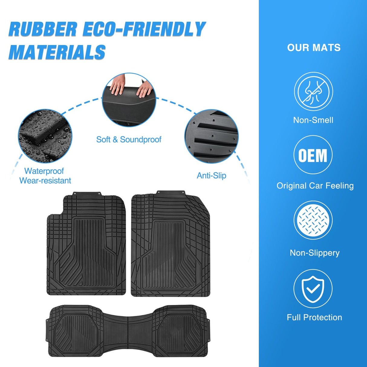 Floor Mat 3Pcs Rubber Cargo Mats Universal Trim to fit Most Vehicles