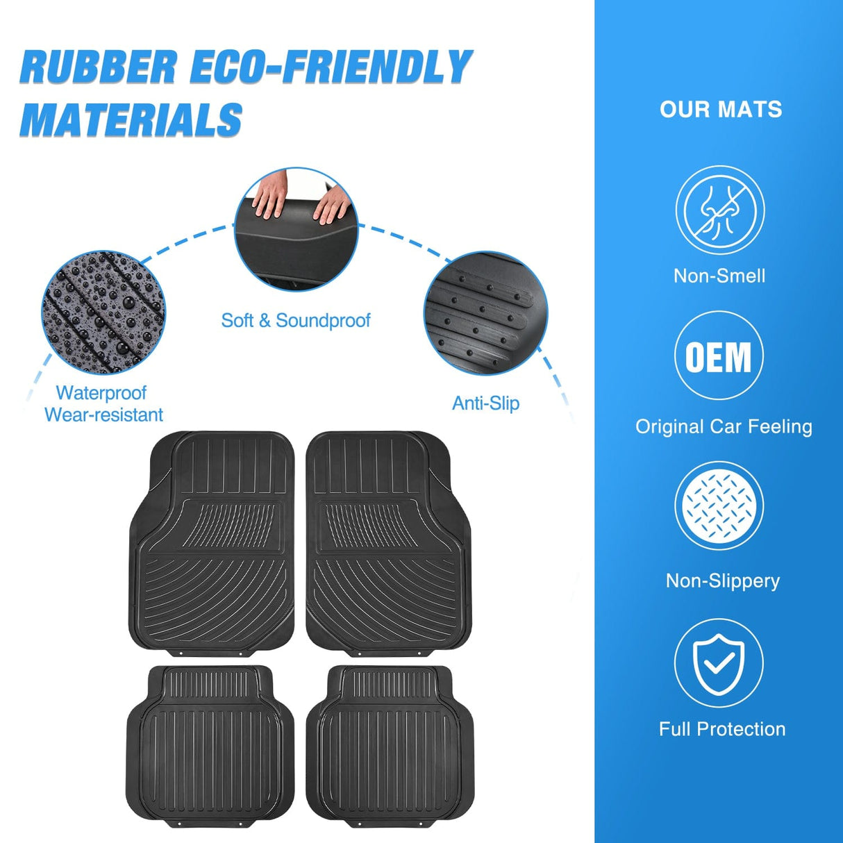 Floor Mat 4Pcs Rubber Cargo Mats Universal Trim to fit Most Vehicles