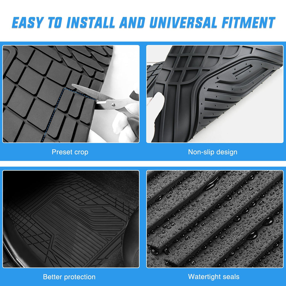 Floor Mat 3Pcs Rubber Cargo Mats Universal Trim to fit Most Vehicles