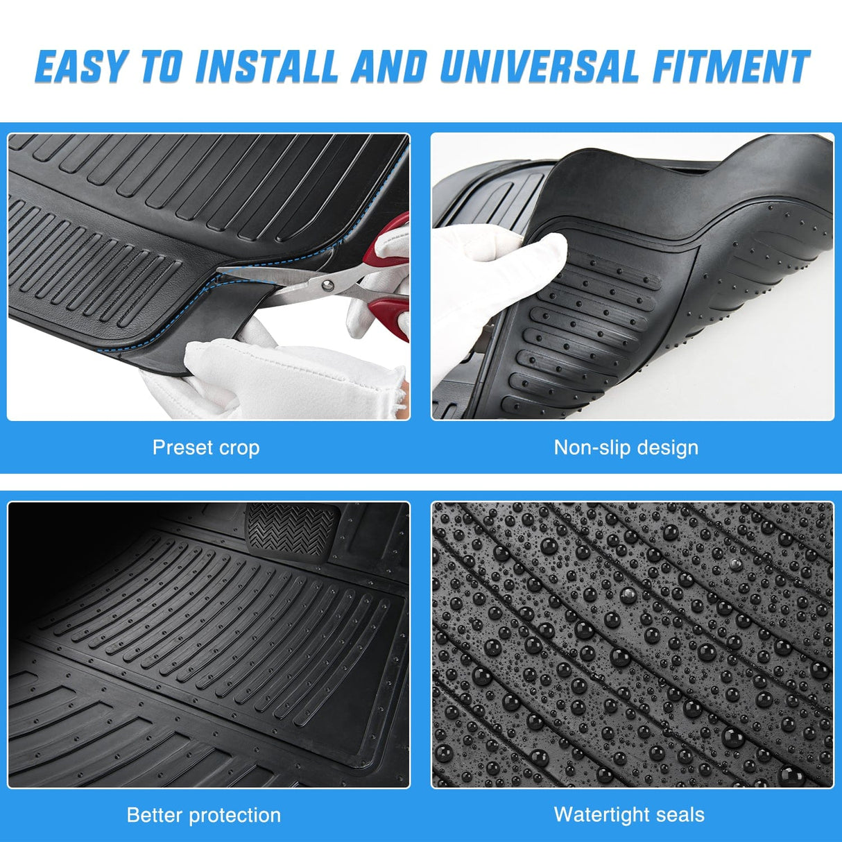 Floor Mat 4Pcs Rubber Cargo Mats Universal Trim to fit Most Vehicles