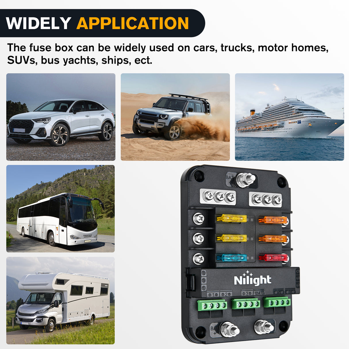 Nilight 6 Way Fuse Relay Block with Acc Control Negative Bus 12V Blade Holder ATC/ATO Box Label Stickers Waterproof Cover Panel for Automotive Cars Motorcycle RVs Vans