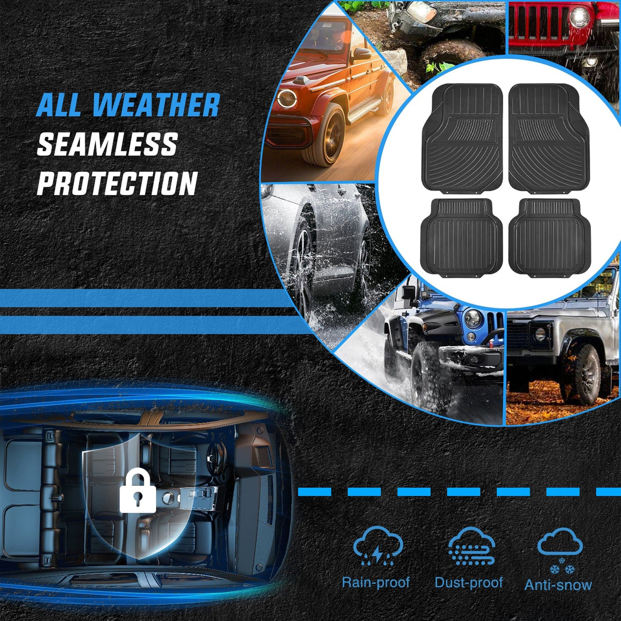 Floor Mat 4Pcs Rubber Cargo Mats Universal Trim to fit Most Vehicles