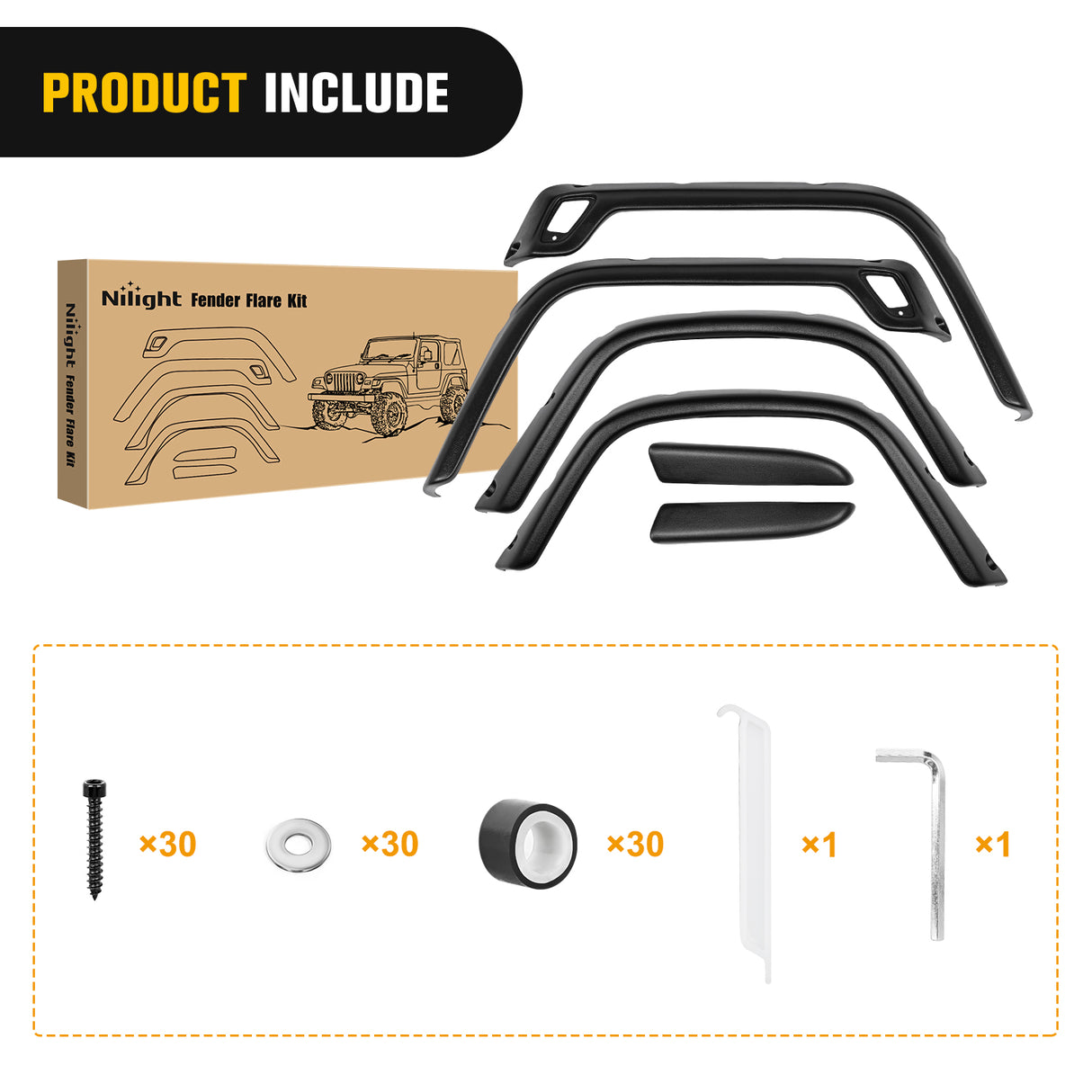 Nilight Fender Flares Kit Fit for Jeep Wrangler TJ 1997-2006 1998 1999 2000 2001 2002 2003 2004 2005 Front&Rear 6" Wide Wheel Fender Flares Cover Factory Style Automotive Fender Flare Set, 6Pcs