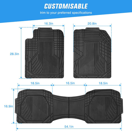 Floor Mat 3Pcs Rubber Cargo Mats Universal Trim to fit Most Vehicles