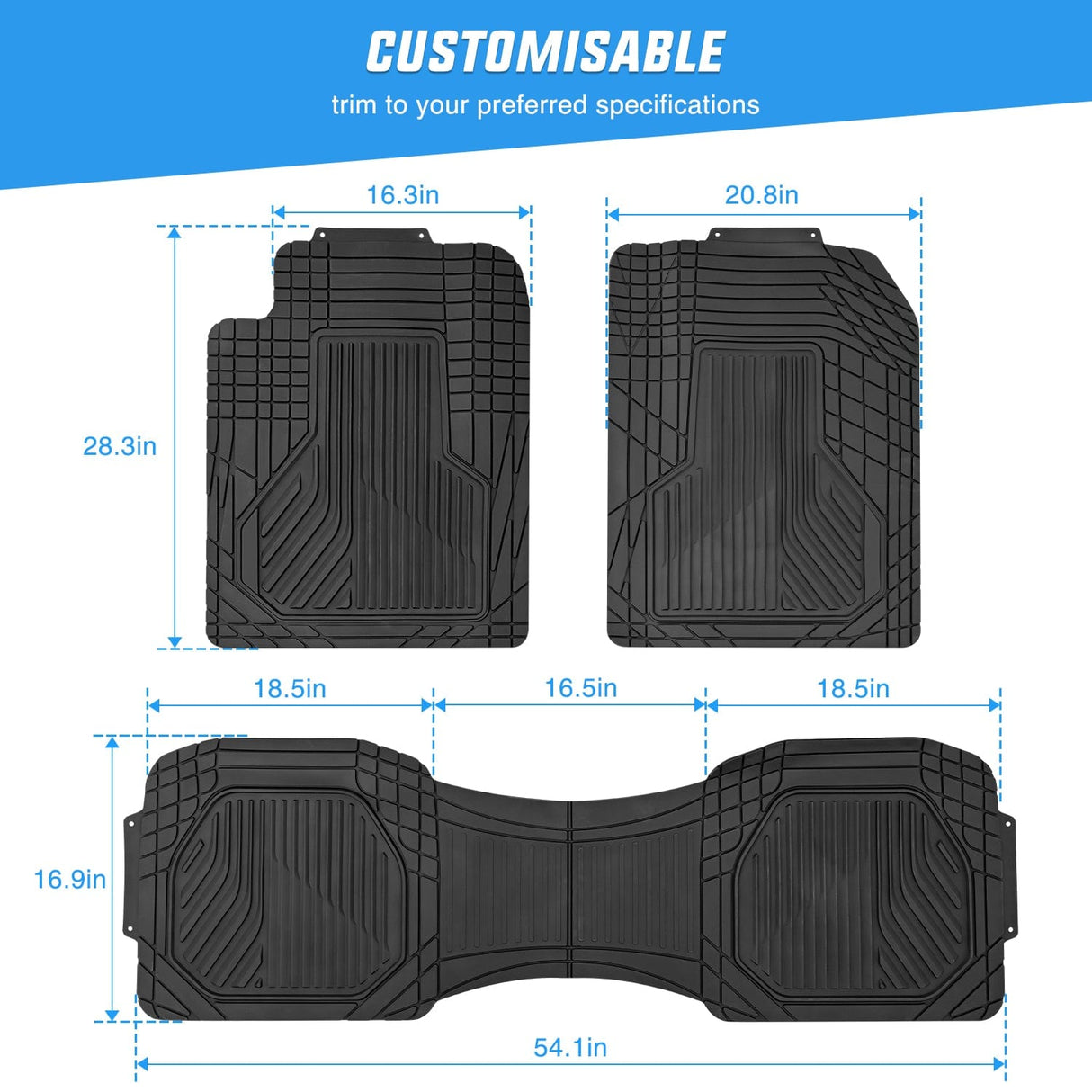 Floor Mat 3Pcs Rubber Cargo Mats Universal Trim to fit Most Vehicles