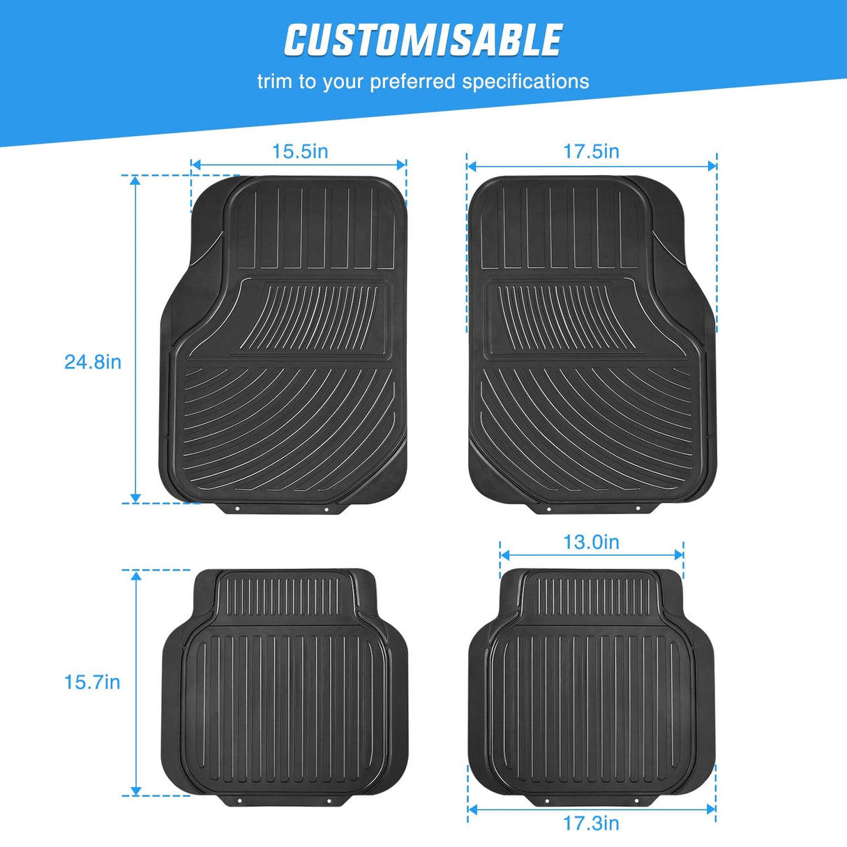 Floor Mat 4Pcs Rubber Cargo Mats Universal Trim to fit Most Vehicles