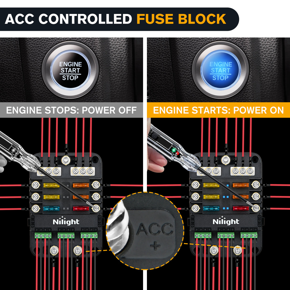 Nilight 6 Way Fuse Relay Block with Acc Control Negative Bus 12V Blade Holder ATC/ATO Box Label Stickers Waterproof Cover Panel for Automotive Cars Motorcycle RVs Vans