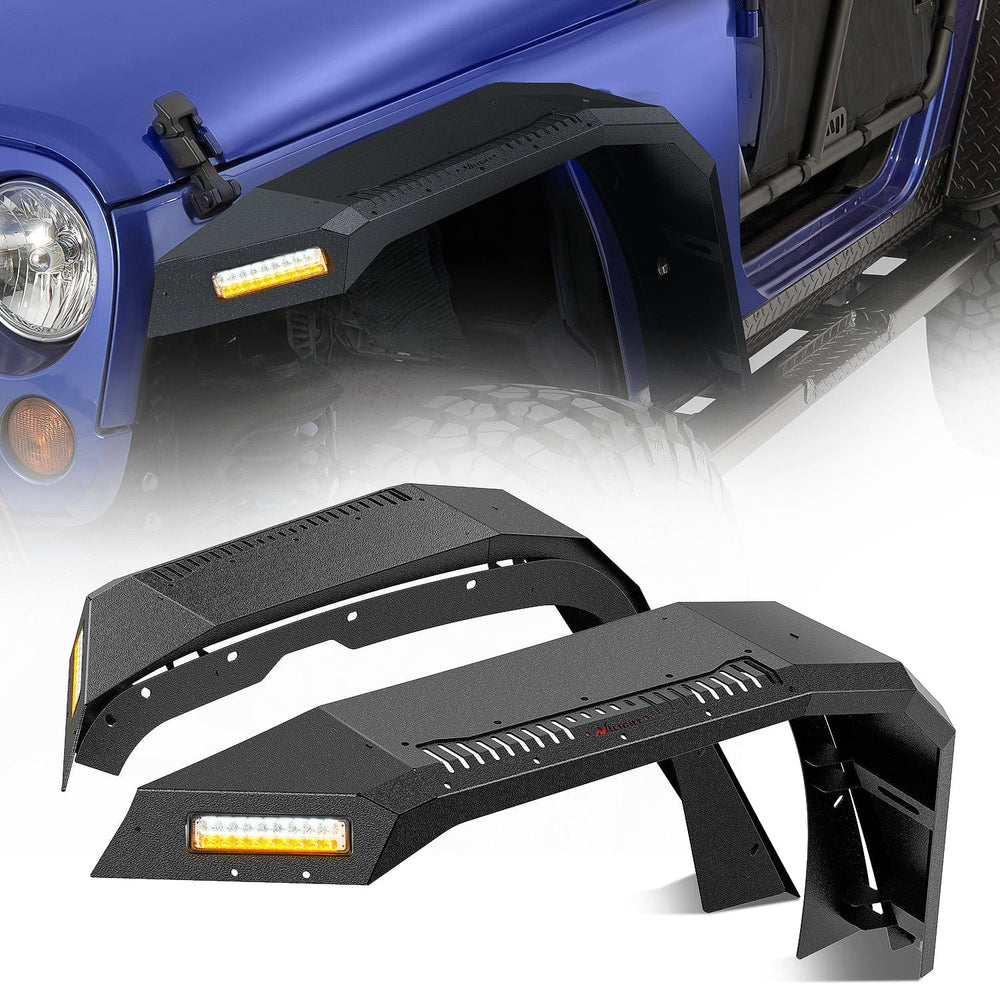 Fender 2007 2008 2009 2010 2011 2012 2013 2014 2015 2016 2017 2018 Jeep Wrangler JK 2/4 Door Wide Flat Front Fender Flares w/LED Lights Turn Signal Lights DRL