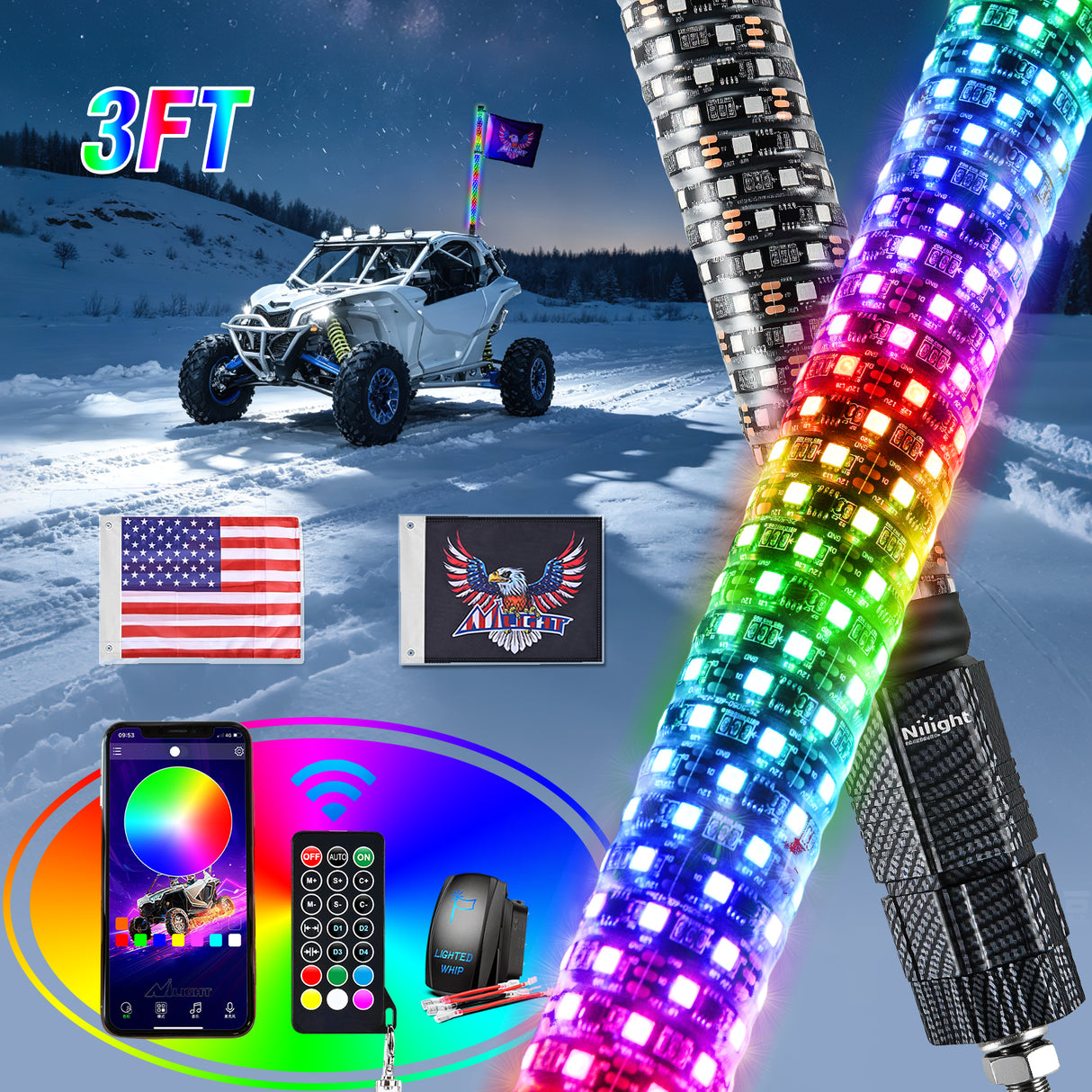1Pc 3FT Spiral Antenna Bluetooth Remote App Control Led Fat Whip Light