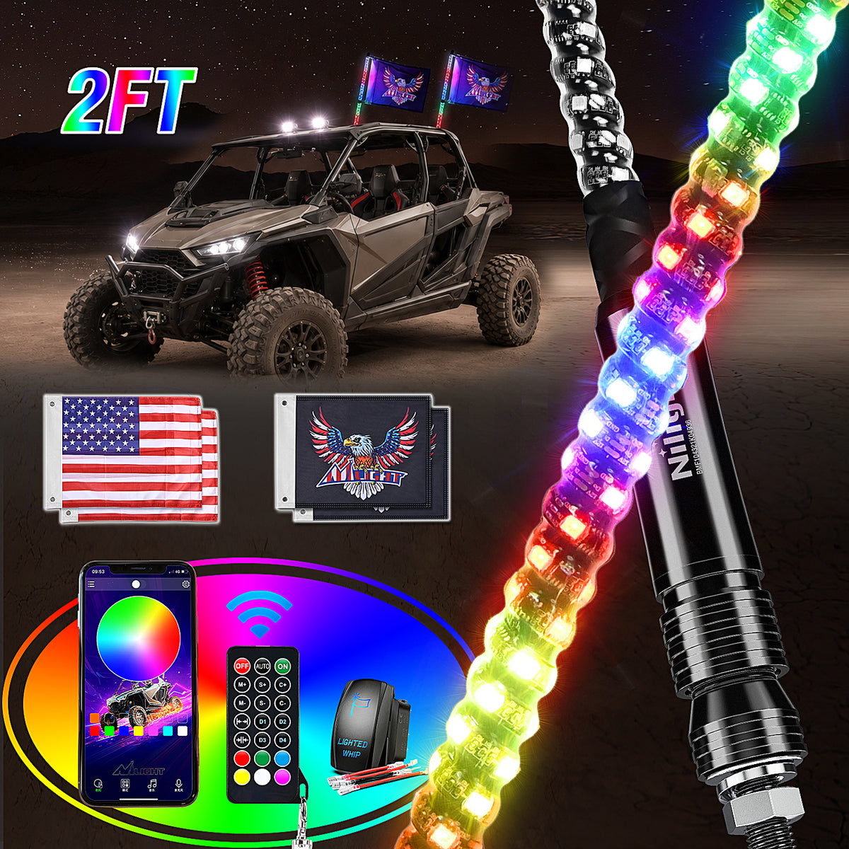 2Pcs 2FT Spiral Antenna Bluetooth Remote App Control Led Whip Light | 10FT Wire 5Pin Switch