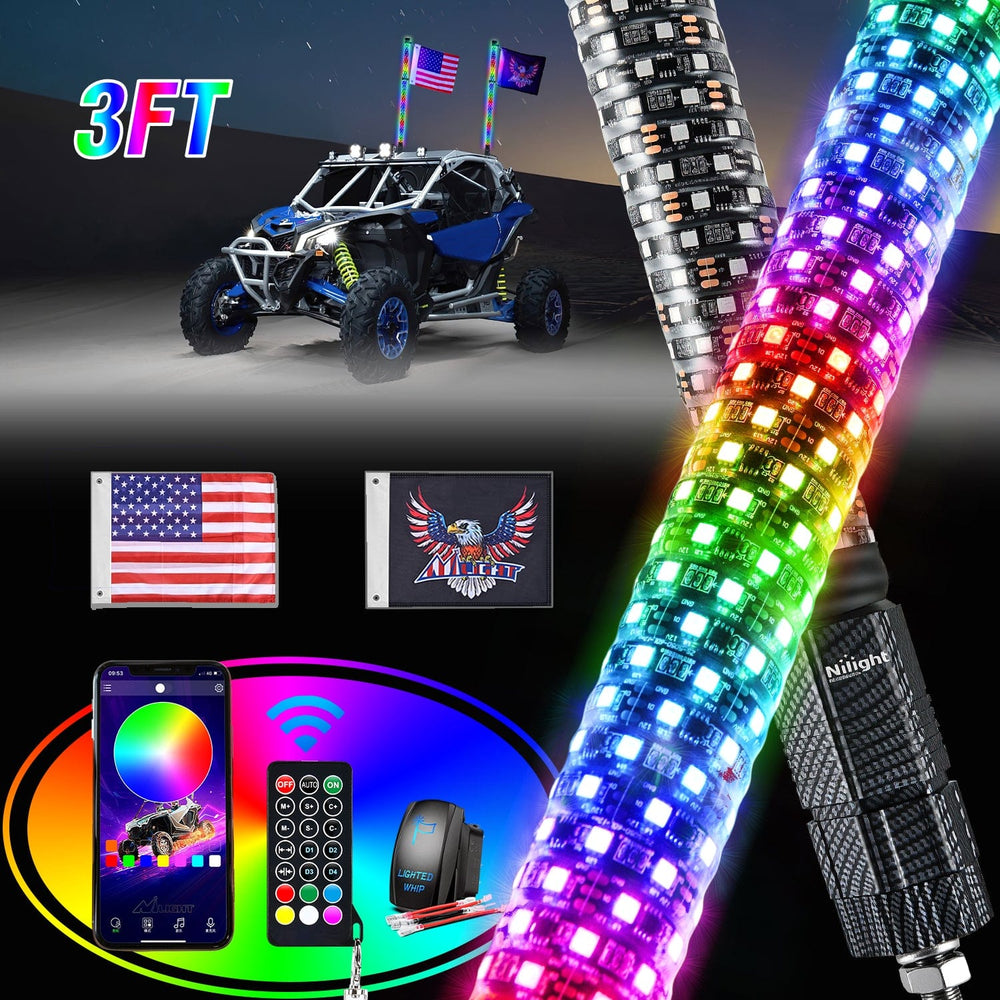 LED Whip Light 2Pcs 3FT Spiral Antenna Bluetooth Remote App Control Led Fat Whip Light