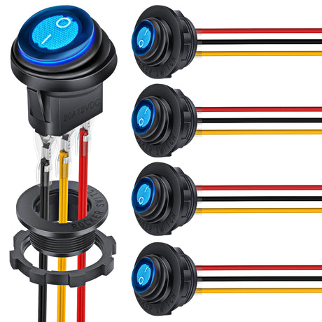 Nilight 5PCS Waterproof Round Rocker Switch w/Wiring Harness Switches Holder 12V 24V Blue LED Lighted On Off Toggle Shell SPST 3Pin for Switch Panel Car RV Trucks Marine Boats