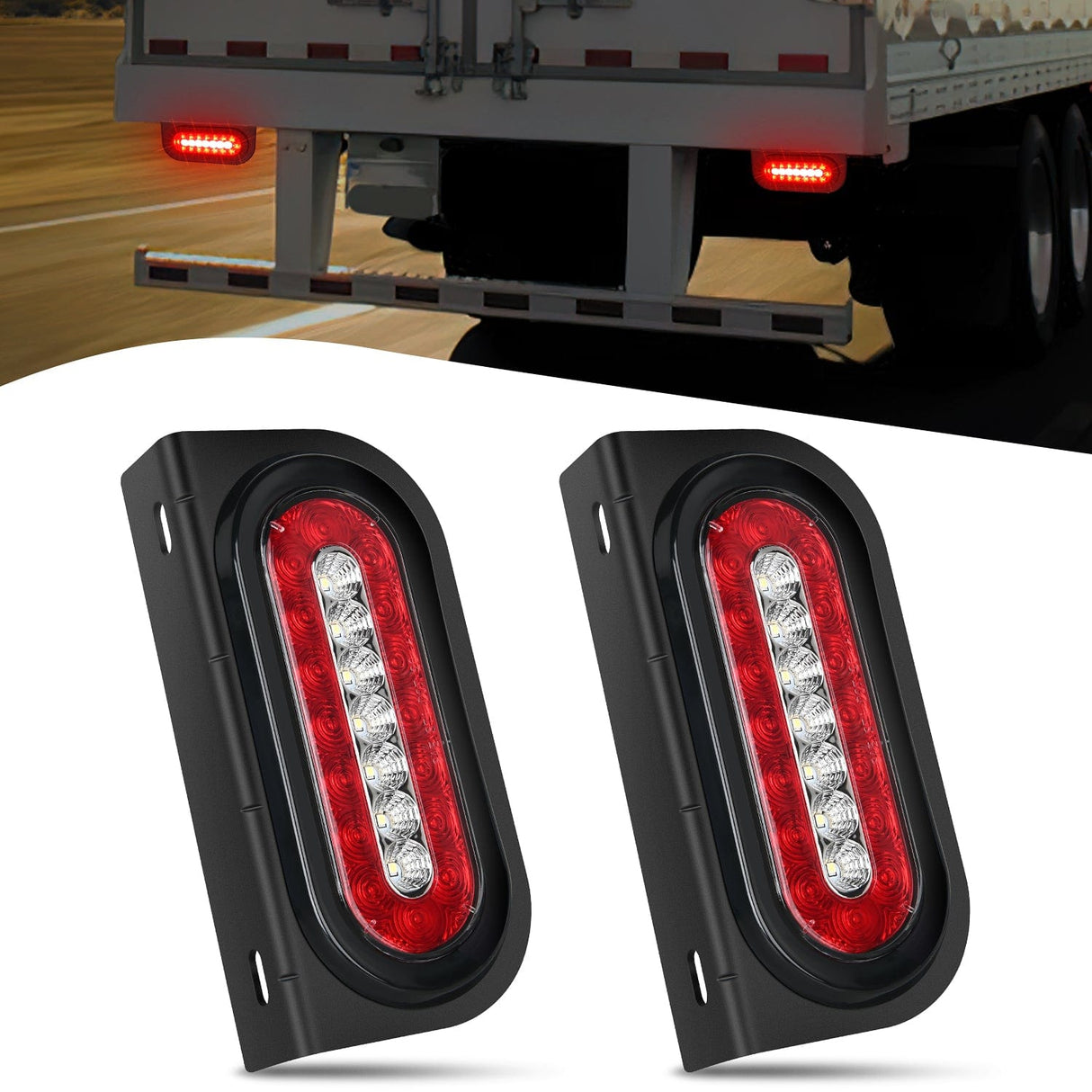 Tail Brake Turn Reverse Lights 6Inch Red White Oval Tail Light w/ Mounting Bracket (Pair)