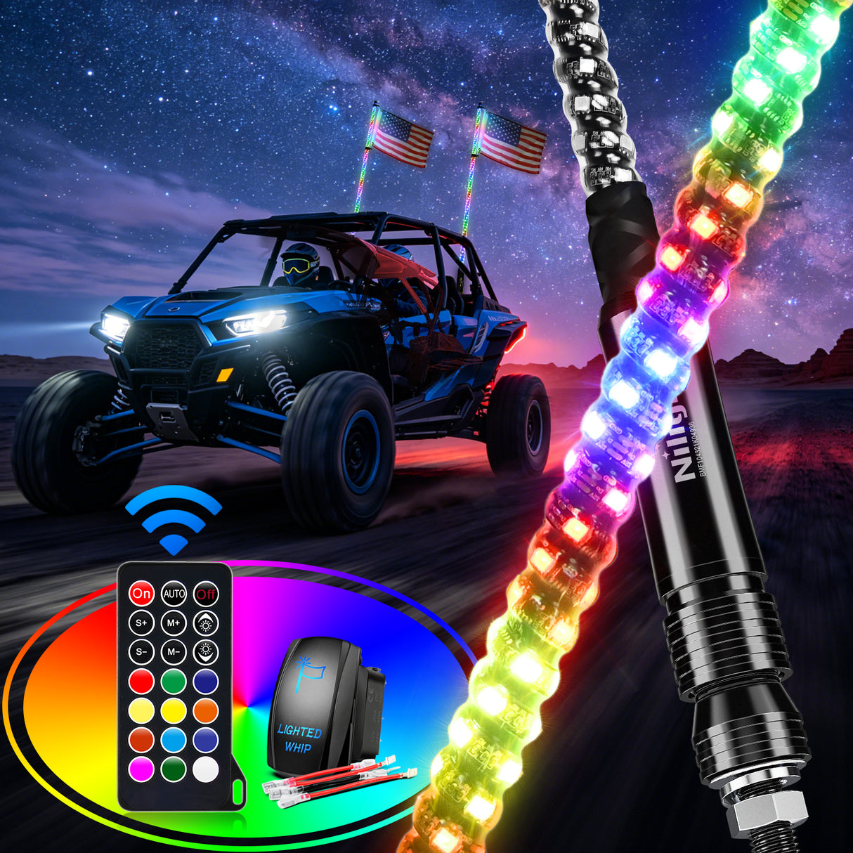 LED Whip Light 2Pcs 6FT Spiral Antenna Led Whip Light RF Remote Control | 8.6FT Wire 5Pin Switch