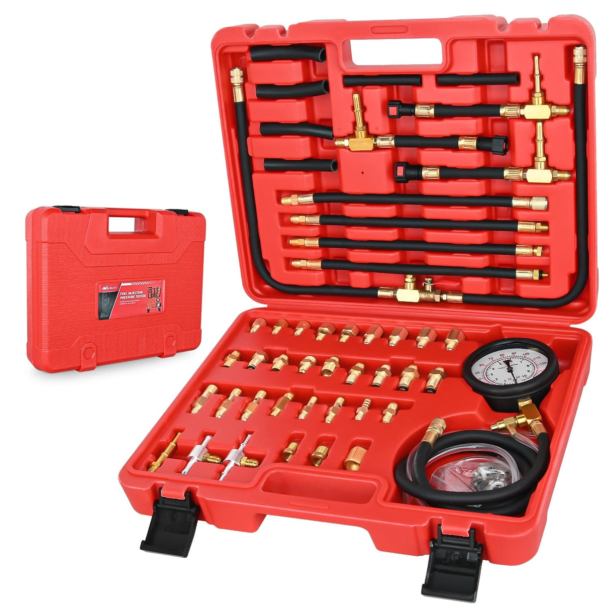 inflator 52 pcs 0-140 PSI Fuel Pressure Gauge with 9.49,7.89,6.30 Fuel Line Fittings Master Fuel Pressure Tester Kit