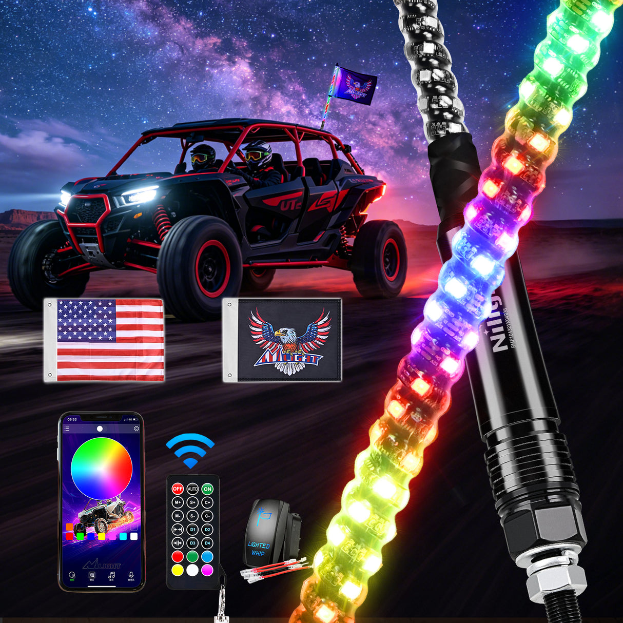 RGB Whip Light 1PC 3FT Lighted Antenna Whips with Remote & App Control DIY Chasing Patterns Brake Reverse Lights for ATV UTV Polaris RZR Can-am Dune Buggy Pickup Trucks Jeep