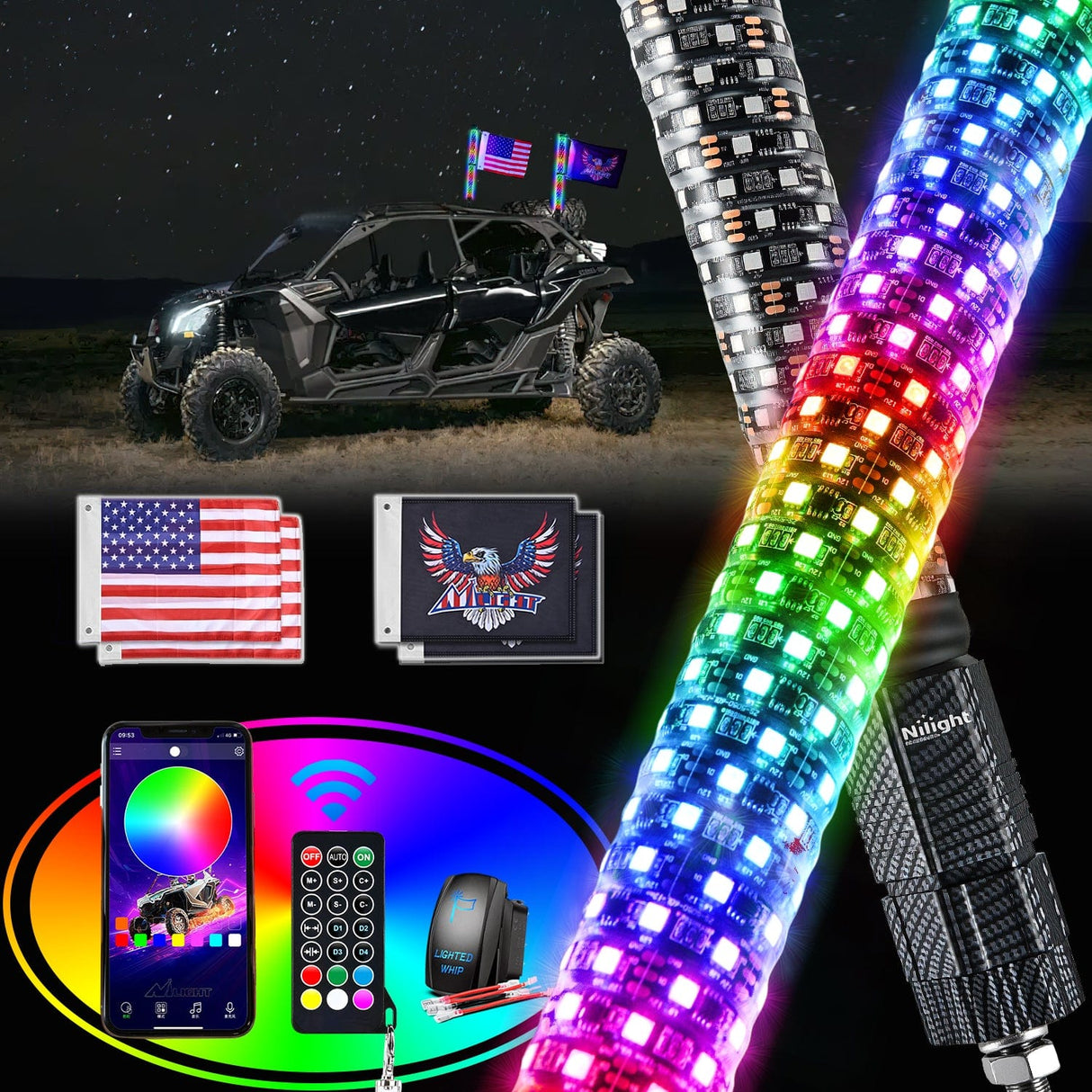 LED Whip Light 2Pcs 2FT Spiral Antenna Bluetooth Remote App Control Led Fat Whip Light