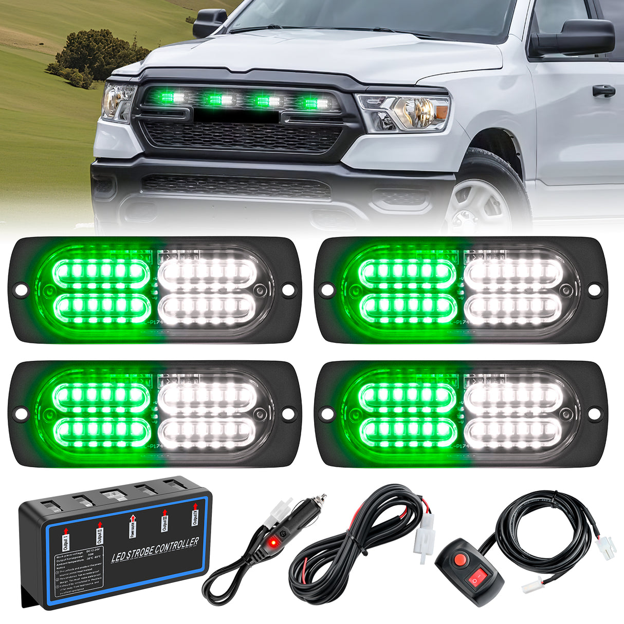 Nilight 4PCS LED Strobe lights 12V 24V Sync Feature Green White 24LED Emergency Hazard Warning Lights with Controller Hard Wire or Cigarette Lighter Plug for Car Truck RVs Campers