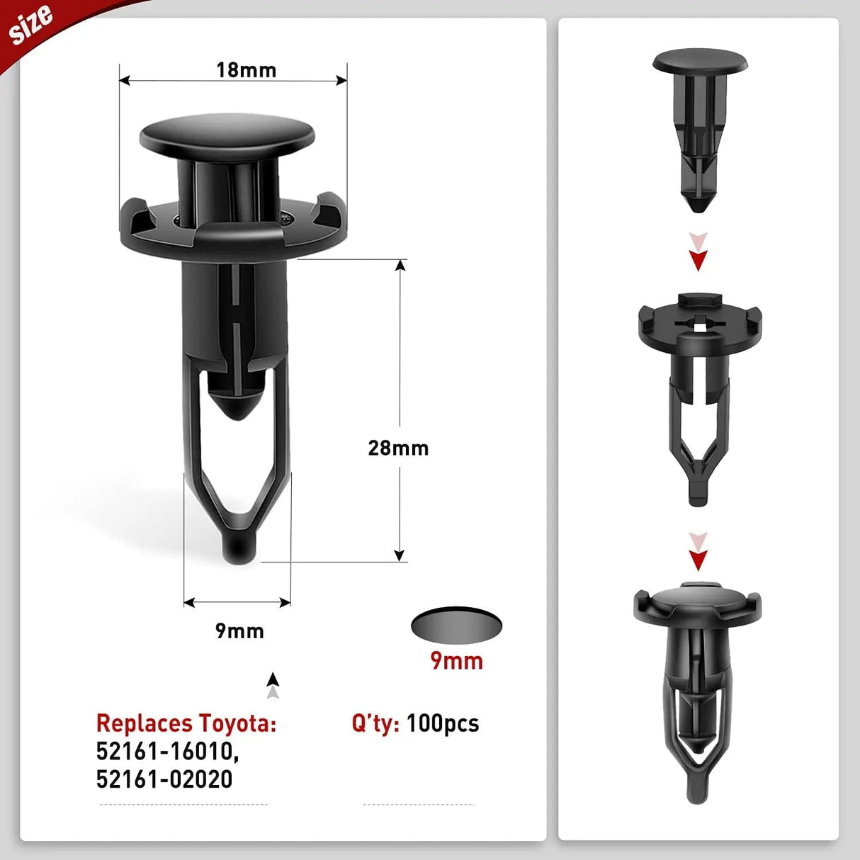 retainer clips 100 Pcs Head 18mm Hole 9mm Nylon Push-Type Automotive Clips Rivet Retainer Rear Bumper Cover Push-Type Retainer for Toyota #52161-02020 & 52161-16010 9mm