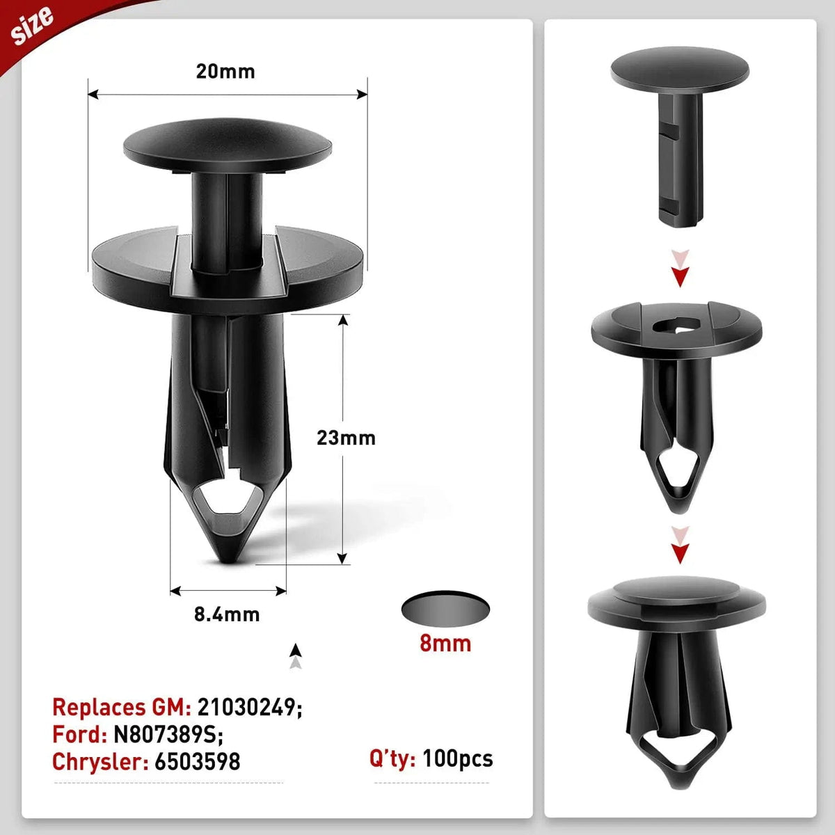 100 Pcs Hole 8mm Nylon Bumper Rivet Clips for GM 21030249 for Ford 