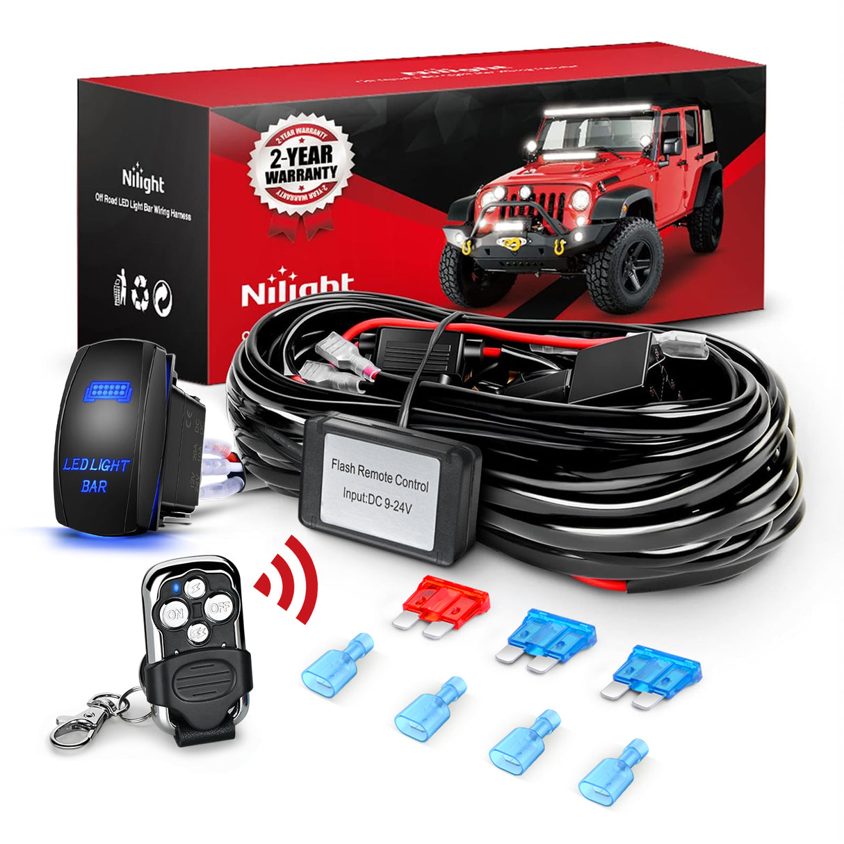 Nilight Remote Wiring Harness for LED Light Bar Wireless Strobe Flash Work Driving Lights 12V 15A 16AWG Controller 5PIN Switch Waterproof Power Relay Blade Fuse-2 Leads