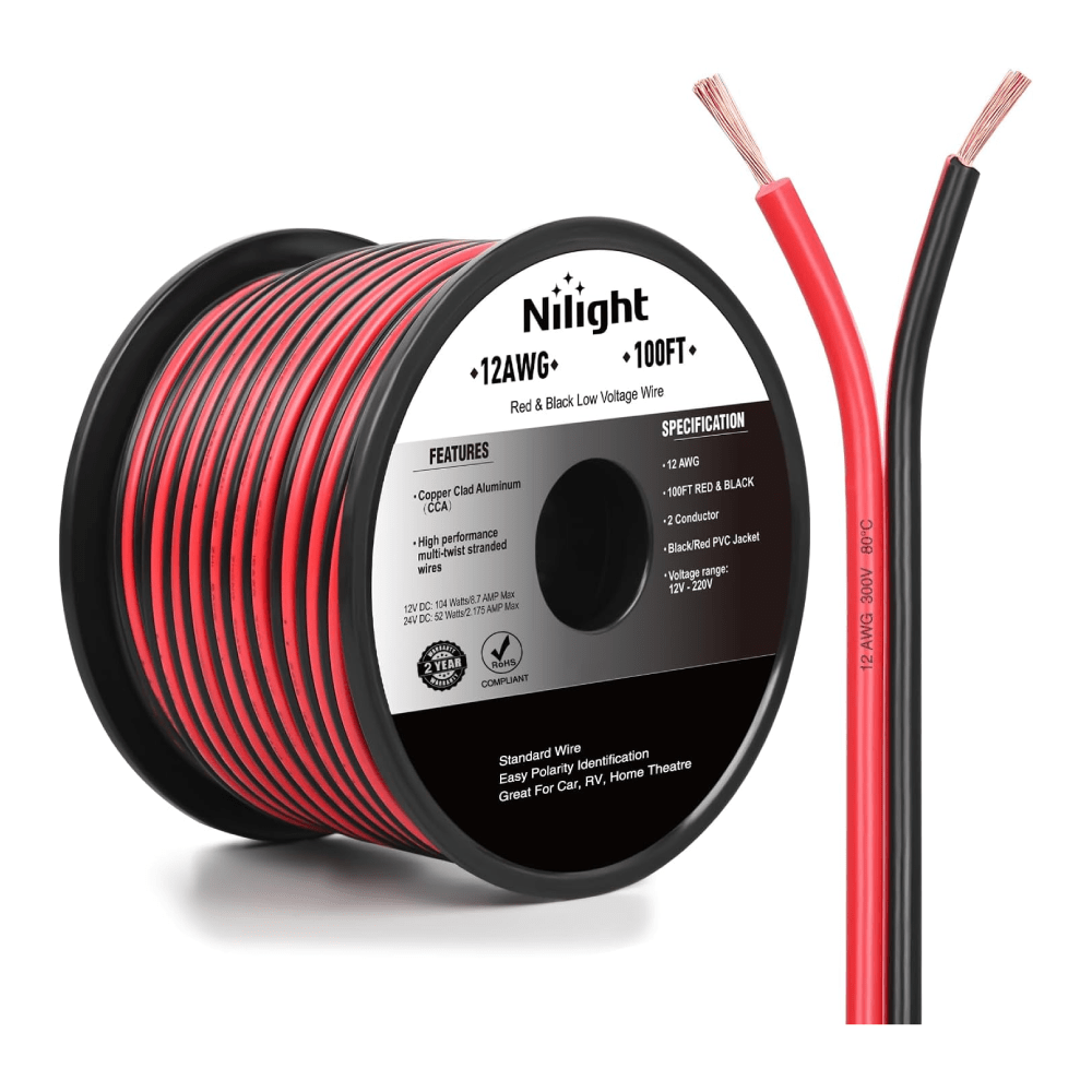 12AWG 100FT Copper Clad Aluminum Wire 12/2 Gauge Red Black CCA Electrical Cable 2 Conductor Parallel 12V 24V DC Flexible Extension Cords Nilight