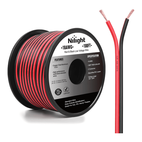 18AWG 100FT Copper Clad Aluminum Wire 18/2 Gauge Red Black CCA Electrical Cable 2 Conductor Parallel 12V/24V DC Flexible Extension Cords Nilight