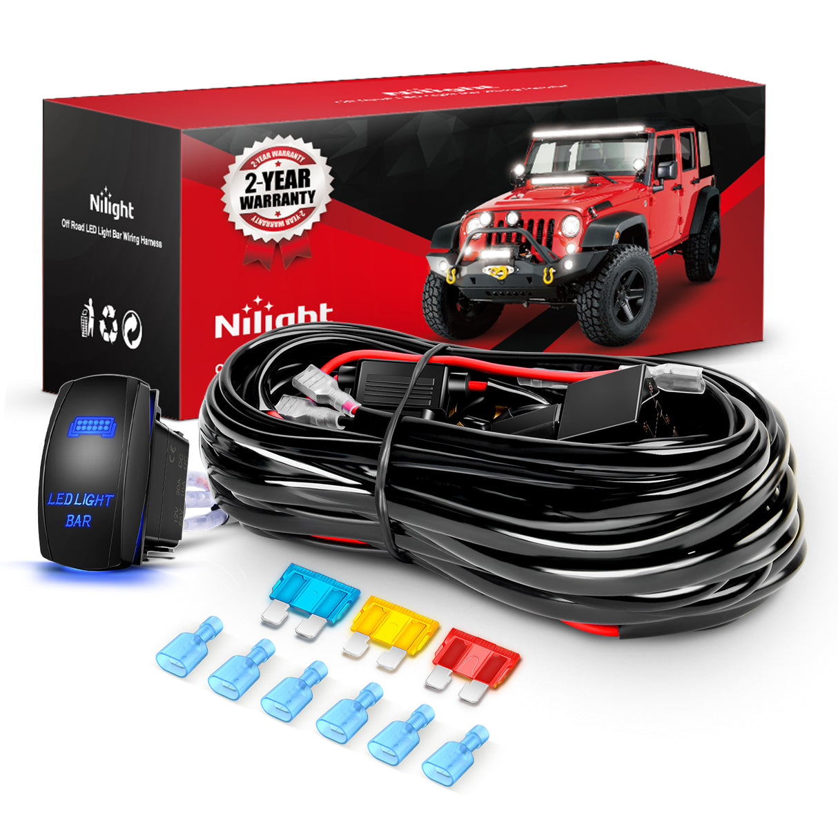 Nilight 14AWG LED Light Bar Wiring Harness Kit 12V On Off 5Pin Rocker Switch Laser Waterproof Toggle Switches Power Relay Blade Fuse for Work Lights Cars Boat ATV Trucks-3 Leads, Bule