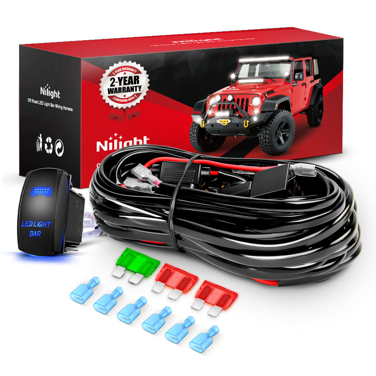 12AWG LED Light Bar Wiring Harness Kit 12V On Off 5Pin Rocker Switch Laser Waterproof Toggle Power Relay Blade Fuse for Cars Boat ATV Trucks - 3 Leads Blue