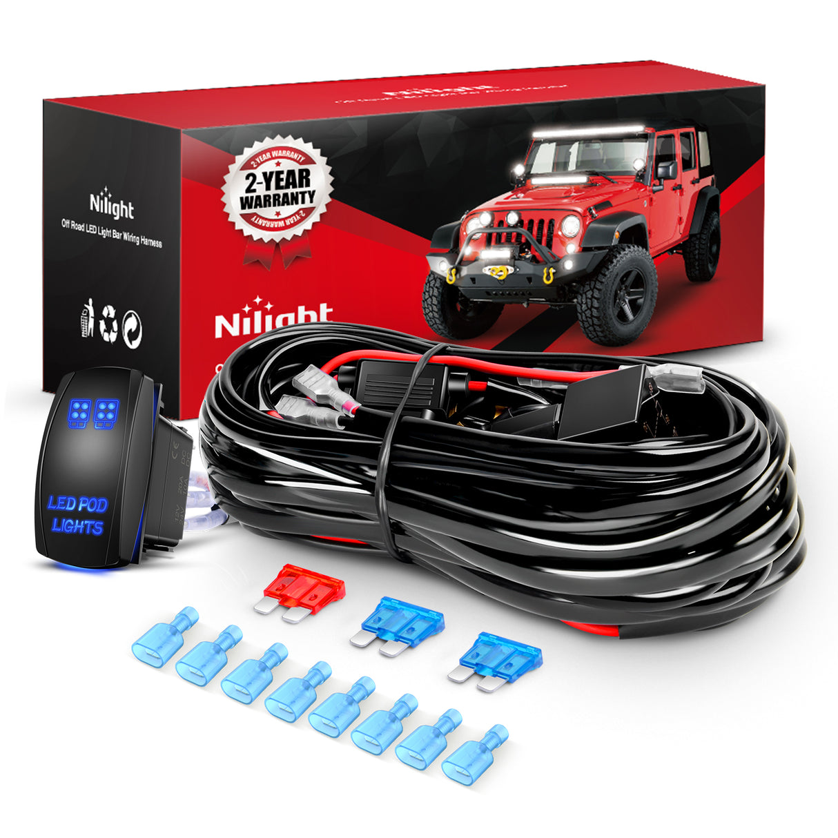 Nilight 16AWG LED POD Lights Wiring Harness Kit 12V On Off 5Pin Rocker Switch Laser Waterproof Toggle Power Relay Blade Fuse for Cars Jeep Boat ATV Trucks - 4 Leads Bule