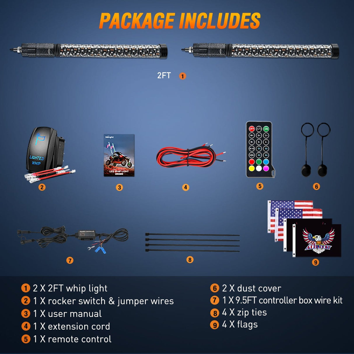 LED Whip Light 2Pcs 2FT Spiral Antenna Bluetooth Remote App Control Led Fat Whip Light