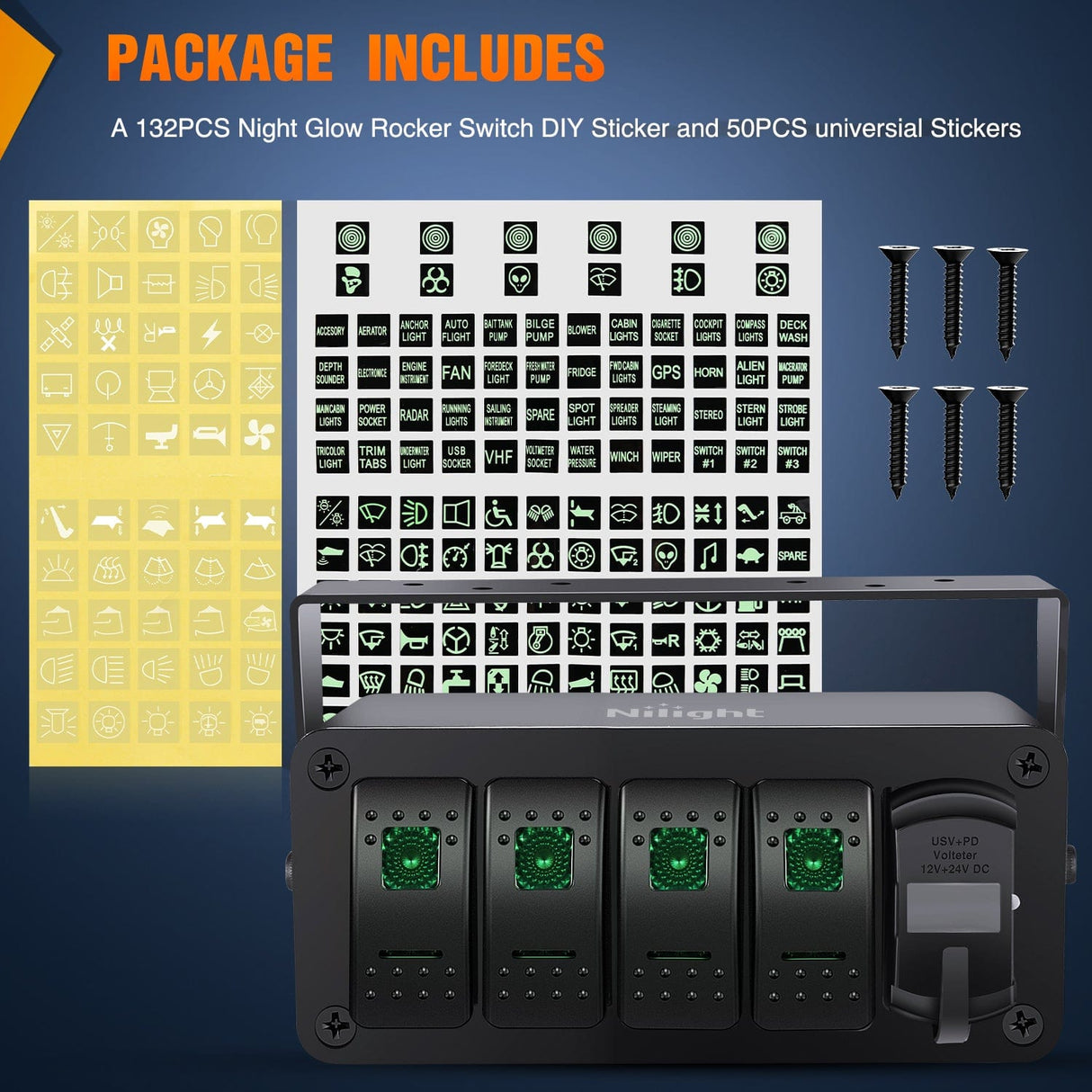 Rocker Switch 4Gang Aluminum ON/Off Rocker Switch Box w/ QC 3.0 Dual USB Charger Voltmeter with Green Backlit