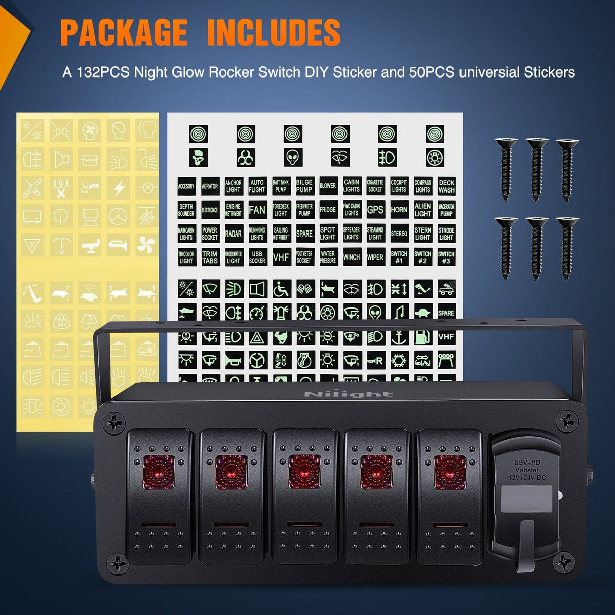 Rocker Switch 5Gang Aluminum ON/Off Rocker Switch Box w/ QC 3.0 Dual USB Charger Voltmeter with Red Backlit