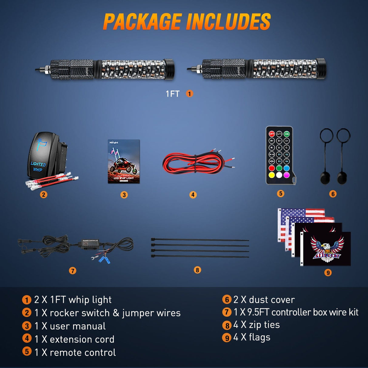 LED Whip Light 2Pcs 1FT Spiral Antenna Bluetooth Remote App Control Led Fat Whip Light