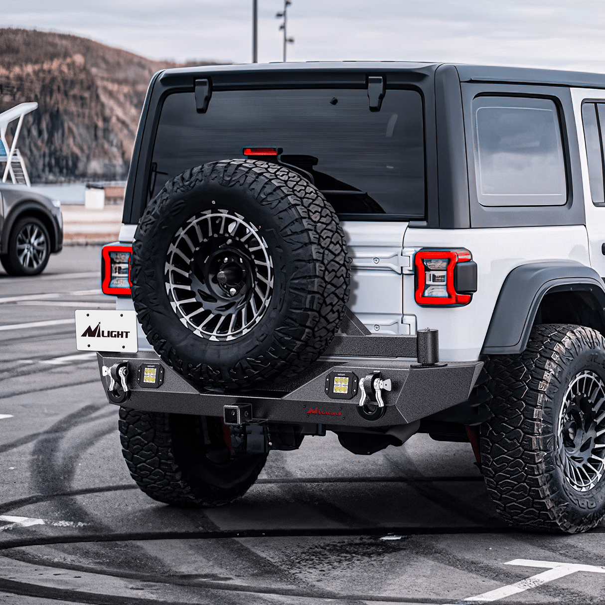 Front Bumper 2018 2019 2020 2021 2022 2023 2024 Jeep Wrangler JL JLU Unlimited (2/4 Doors) Rear Bumper Spare Tire Carrier 2inch Hitch Receiver License Plate Bracket 2 LED Lights D-rings