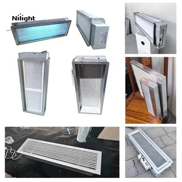 Air cleaning units containing an air filter, ultraviolet lights and a photocatalytic filter