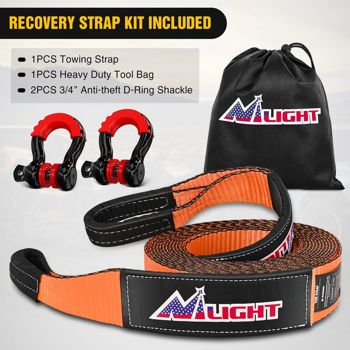 Shackle Recovery Ring 3 x 20Inch Recovery Tow Strap with Anti-Theft D-Ring Shackles