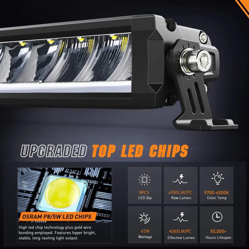 Motor Vehicle Lighting 12.2 Inch 45W 4980LM Anti-Glare Slim Spot Flood LED Light Bar (Pair) | 16AWG DT Wire