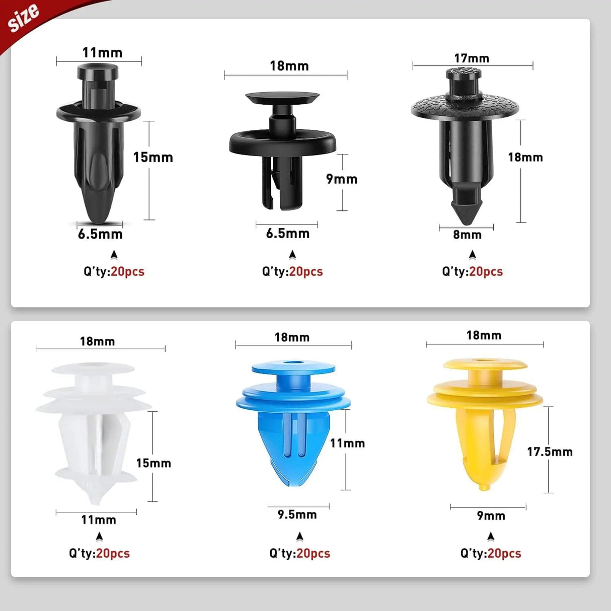 retainer clips 120 Pcs Hole 6.5mm 8mm 9mm 9.5mm 11mm Car Retainer Clips Fastener Remover Expansion Screws Replacement Kit Bumper Push Rivet Clips for GM Toyata Lexus Subaru