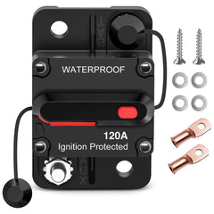 120A Circuit Breaker Resettable 12-48V DC Manual Reset w/Copper Wire Lugs Surface Mount Overload Protection