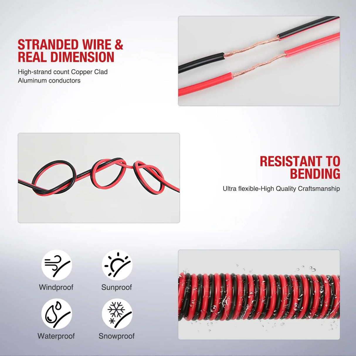 12AWG 50FT Copper Clad Aluminum Wire 12-2 Gauge Red Black CCA Electrical Cable 2 Conductor Parallel 12V 24V DC Flexible Extension Cords Nilight
