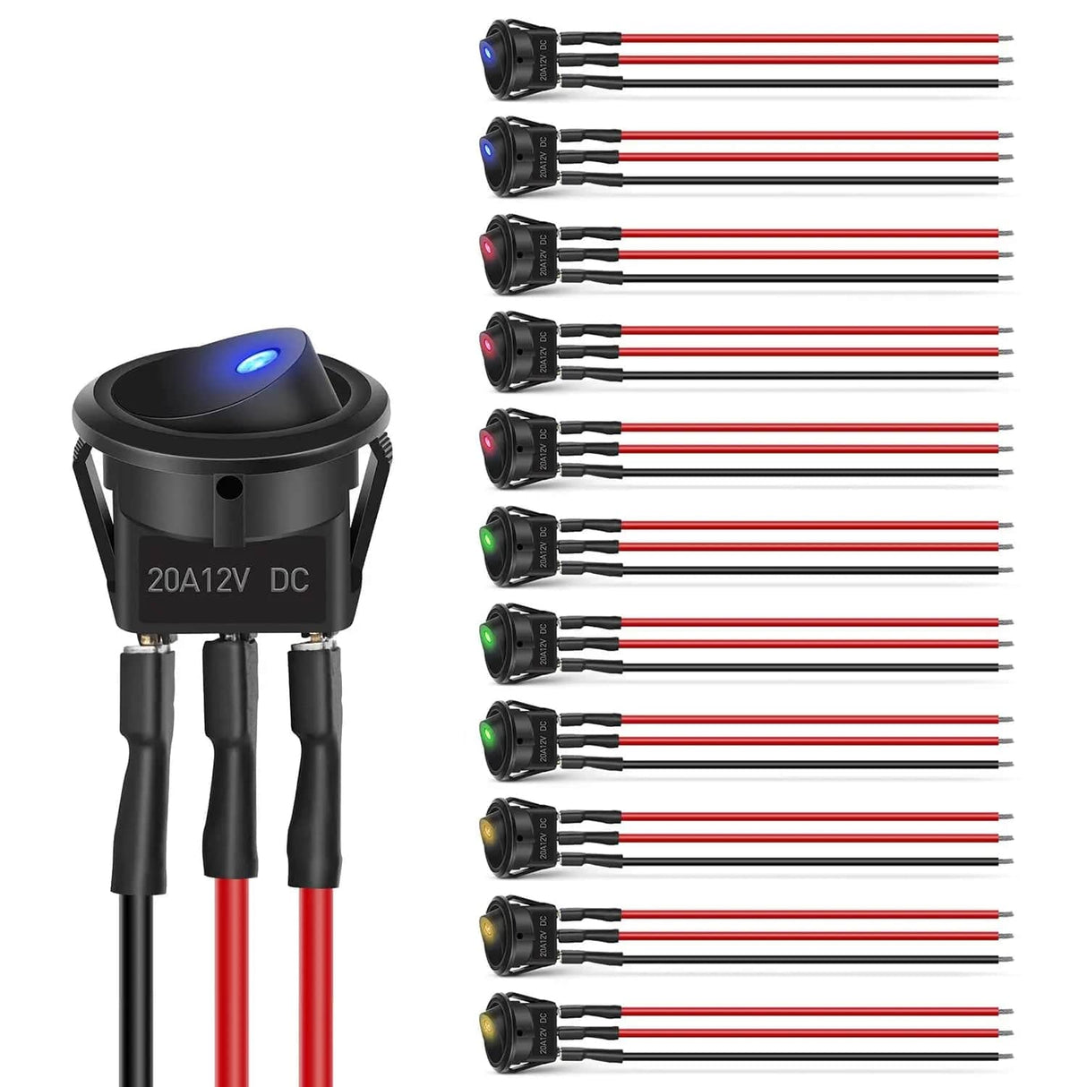 Rocker Switch 12Pcs 12V 20A Round Toggle LED Switch With Wires