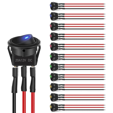 Rocker Switch 12Pcs 12V 20A Round Toggle LED Switch With Wires