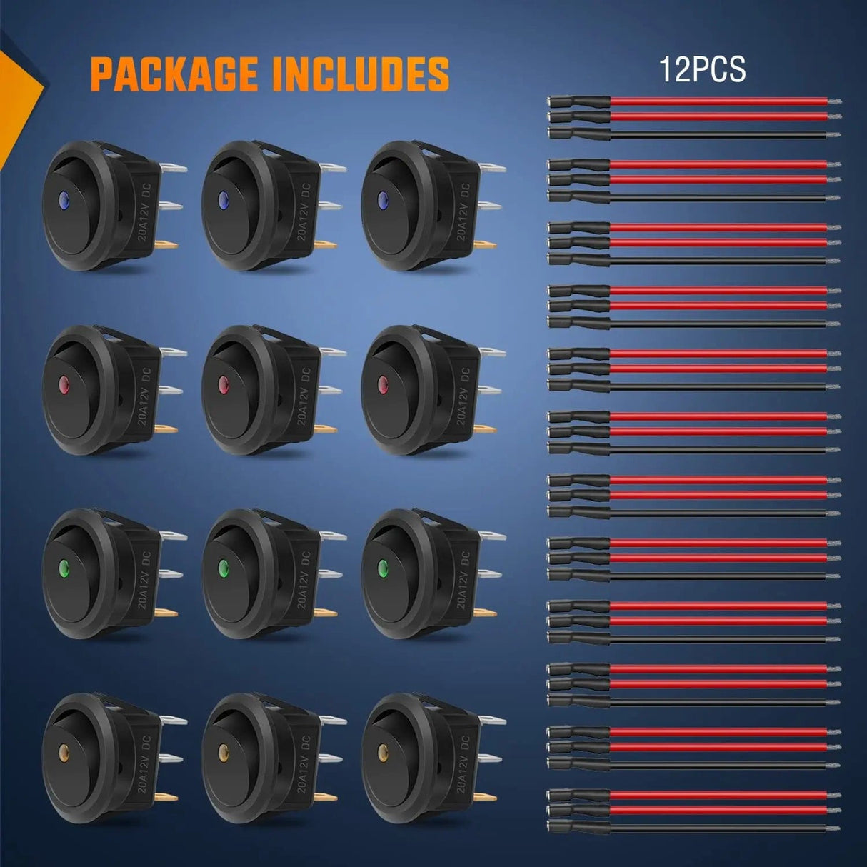 Rocker Switch 12Pcs 12V 20A Round Toggle LED Switch With Wires